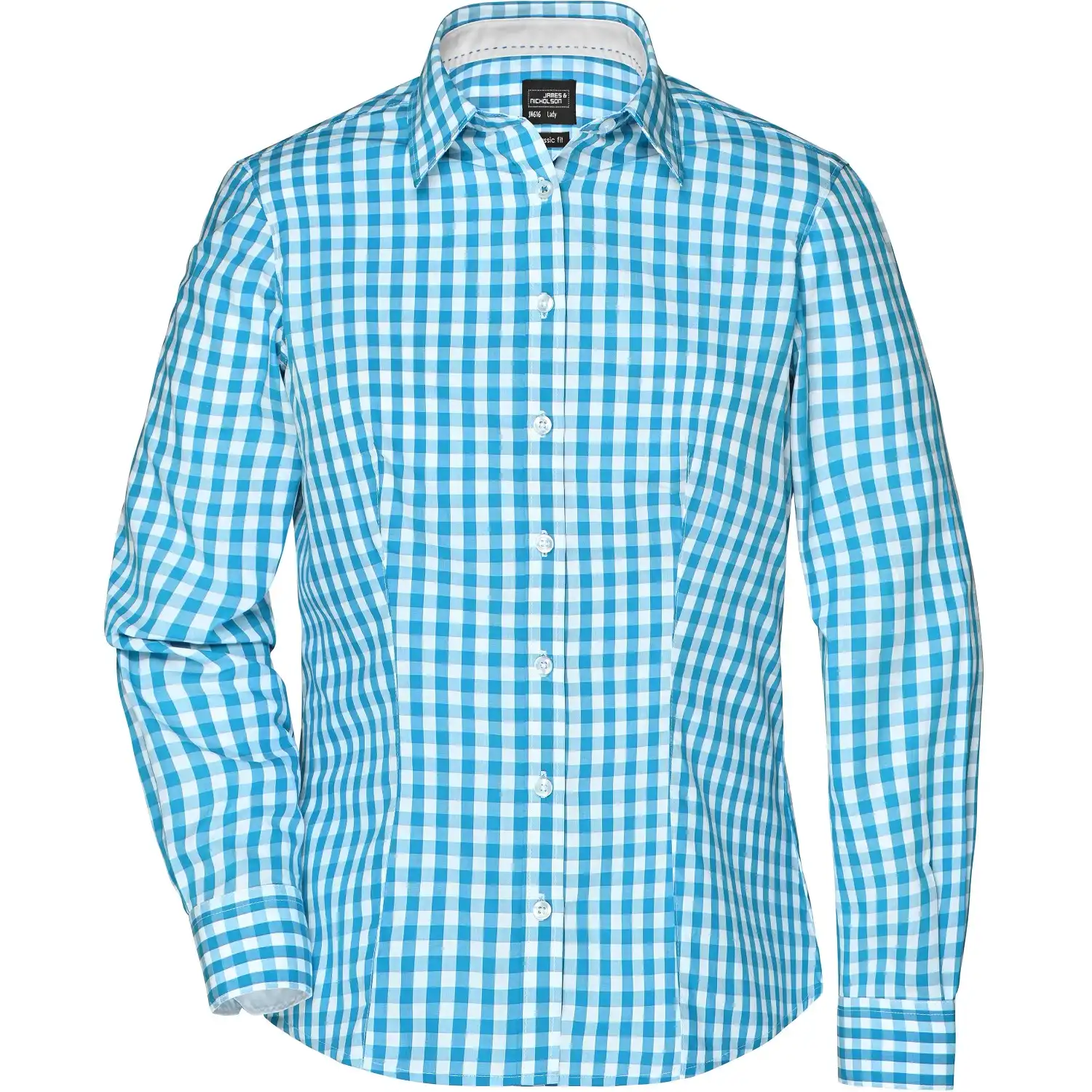 Damen Karo-Bluse "JN616" in turquoise/white, L - Thumbnail 1