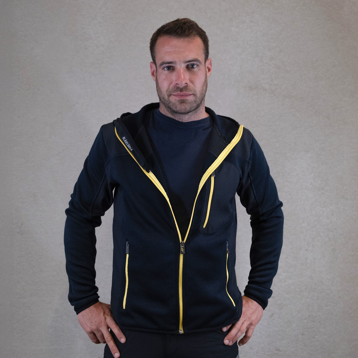 Strickjacke "4930" mit Softshell in dunkelblau/gelb, M - Thumbnail 5