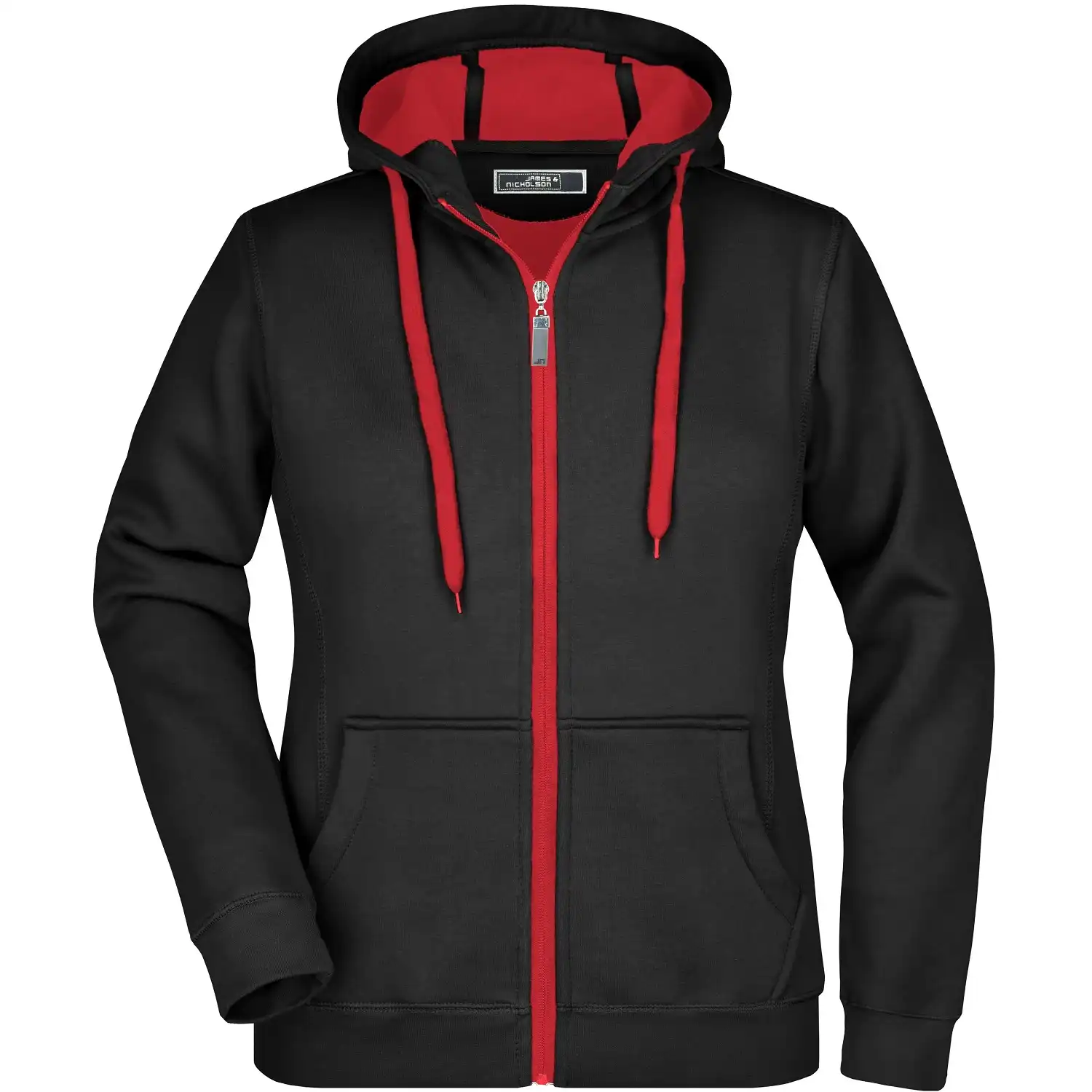 Damen Kapuzen-Sweatjacke Doubleface "JN354" in black/red, L - Bild 1